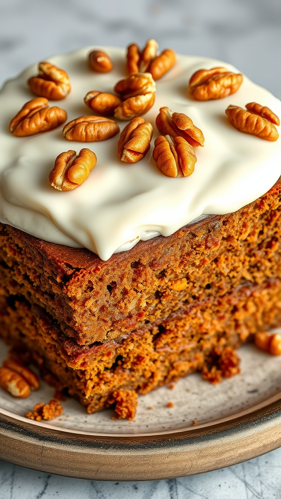 20 Creative Ideas for a Zero Birthday Cake Celebration A delicious carrot cake layered with cream cheese icing and topped with pecans, presented on a wooden plate.