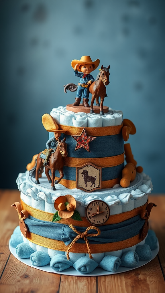 15 Creative Cowboy Themed Diaper Cake Ideas A three-tiered diaper cake featuring cowboy theme decorations in blue and brown colors.