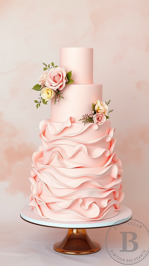 10 Elegant Wedding Cakes A beautiful three-tier cake with blush pink ruffles and roses on a gold stand.