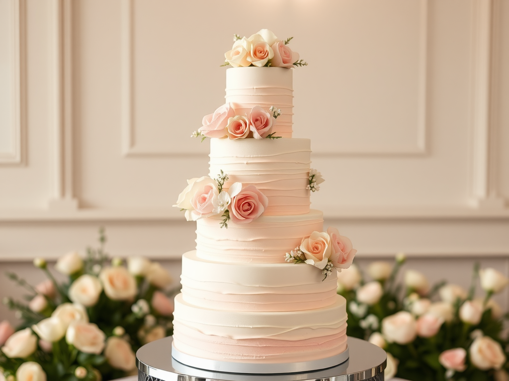 15 Stunning Pink Wedding Cake Ideas A beautiful blush pink tiered cake adorned with roses, set against a soft floral background.