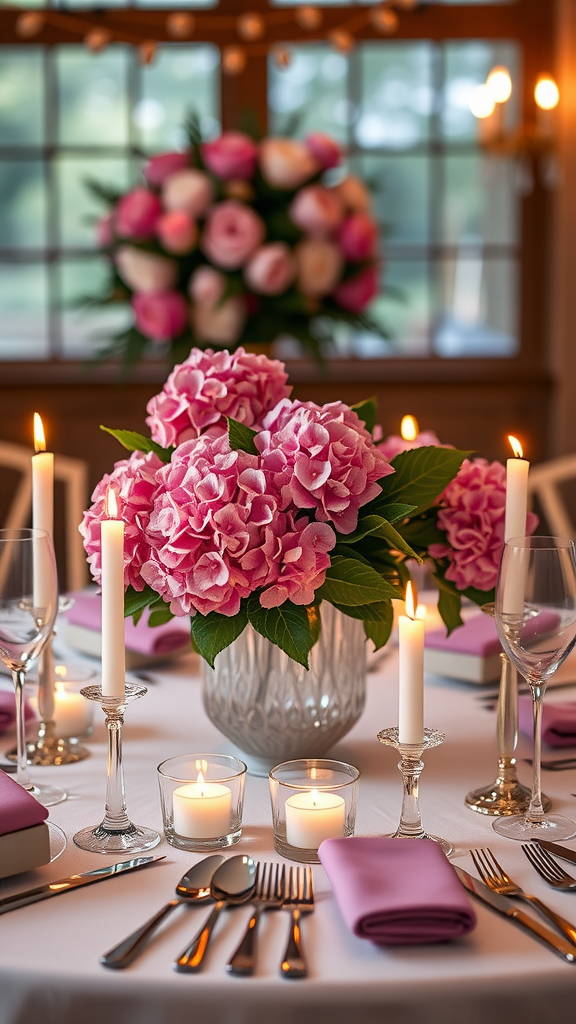 20 Stunning Hydrangea Bouquets for Every Occasion A beautifully arranged table with a pink hydrangea centerpiece, candles, and elegant table settings.