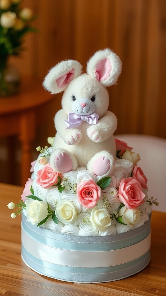 15 Creative Animal Diaper Cake Ideas A cute bunny diaper cake decorated with pink and white roses
