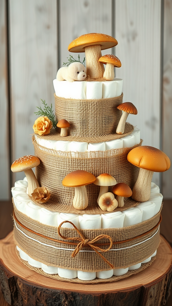 15 Adorable Mushroom Diaper Cake Ideas A rustic boho mushroom diaper cake made with diapers, burlap, and decorative mushrooms.