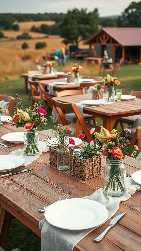 15 Elegant Mother's Day Tea Party Themes to Celebrate Mom A rustic outdoor table setup with fresh flowers and white plates, perfect for a Mother’s Day tea party.