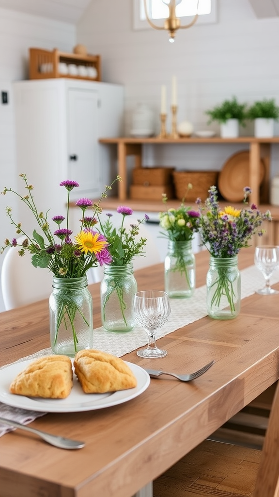 15 Creative Afternoon Tea Theme Ideas to Delight Your Guests A rustic farmhouse table set for a tea party with flowers in mason jars and scones on a plate.
