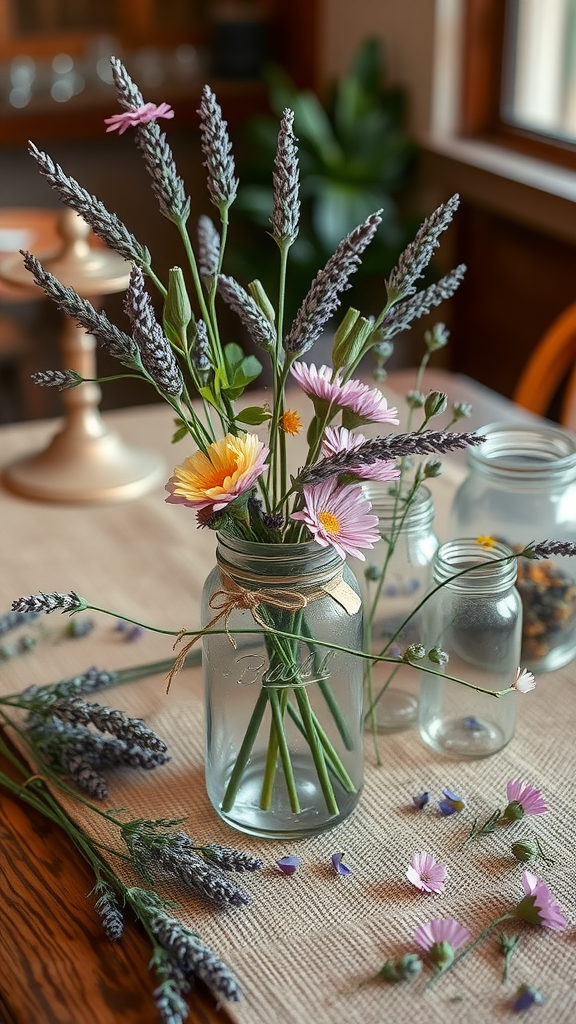 15 Stunning Lavender Wedding Ideas Rustic lavender and wildflower centerpieces in glass jars