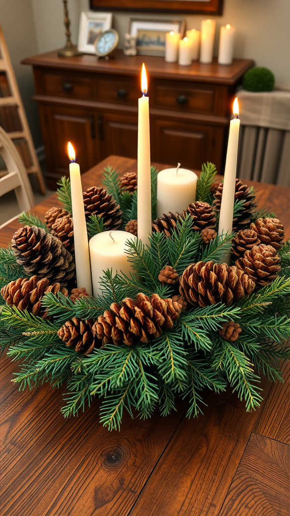 15 Spectacular Christmas Dining Table Decor Ideas to Celebrate the Season A rustic woodland centerpiece featuring pinecones, greenery, and white candles on a wooden table.
