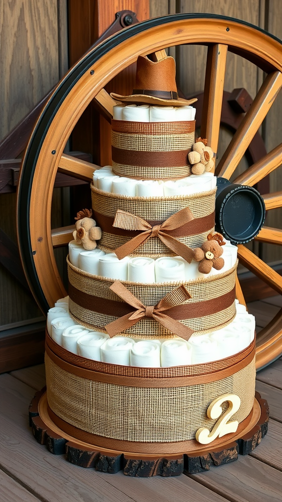 15 Creative Cowboy Themed Diaper Cake Ideas A diaper cake styled with cowboy theme elements next to a rustic wooden wagon wheel.