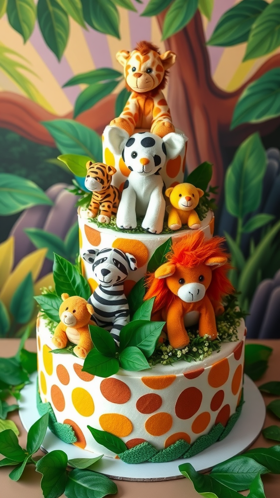 15 Creative Animal Diaper Cake Ideas A colorful safari animal diaper cake decorated with plush animals and greenery.