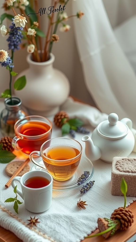 15 Elegant Mother's Day Tea Party Themes to Celebrate Mom A serene tea setup with cups, a teapot, and flowers, perfect for relaxation.