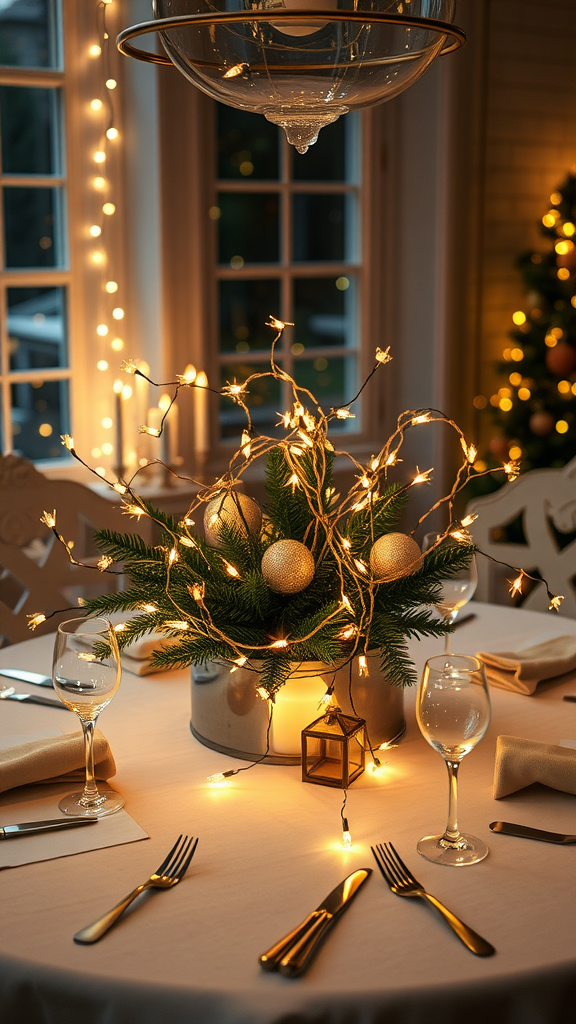 15 Spectacular Christmas Dining Table Decor Ideas to Celebrate the Season A beautifully decorated dining table with fairy lights and a festive centerpiece.