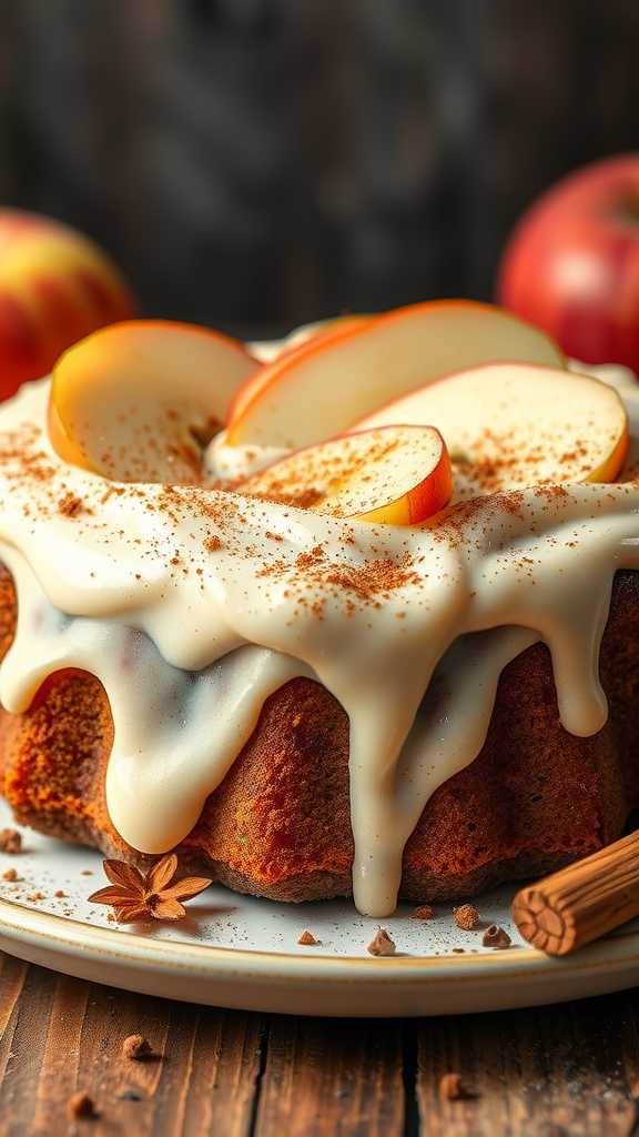20 Creative Ideas for a Zero Birthday Cake Celebration A spiced apple cake with cinnamon frosting, topped with apple slices and cinnamon, on a rustic wooden table.