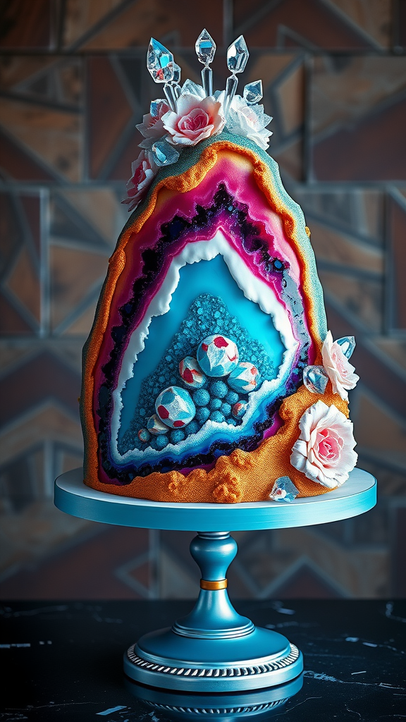 10 Elegant Wedding Cakes A beautifully crafted geode-inspired cake featuring layers of vibrant colors with floral decorations and sparkling crystals on top. Elegant Wedding Cakes