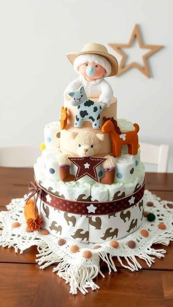 15 Creative Cowboy Themed Diaper Cake Ideas A cowboy-themed diaper cake with a doll in a cowboy hat and toy animals.