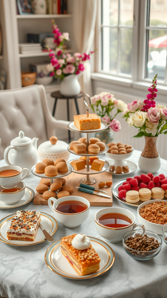15 Elegant Mother's Day Tea Party Themes to Celebrate Mom A beautifully arranged table for a Mother's Day tea party featuring various desserts and tea.
