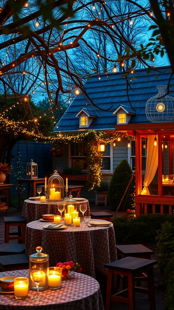 15 Elegant Mother's Day Tea Party Themes to Celebrate Mom A beautifully arranged tea party setting under the stars with glowing candles and fairy lights.