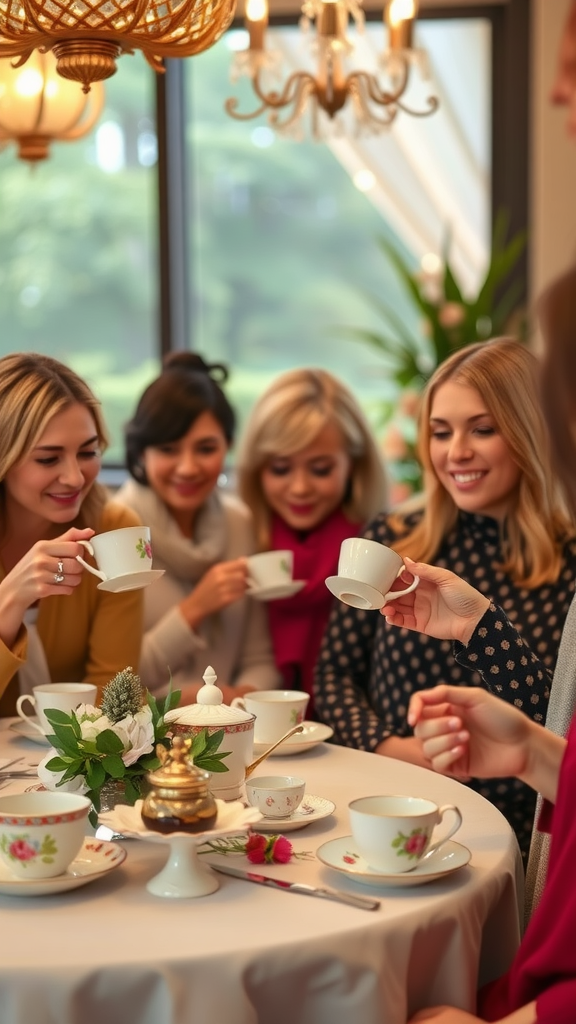 15 Elegant Mother's Day Tea Party Themes to Celebrate Mom A group of friends enjoying a cheerful tea party, celebrating together with delicate tea cups and a beautifully arranged table. Mother's Day Tea Party Themes