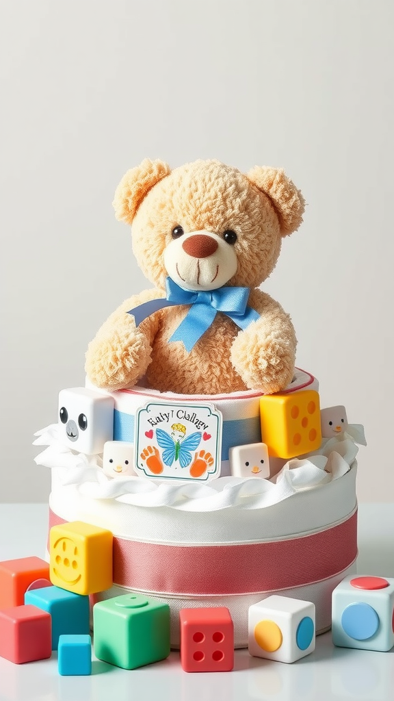 15 Adorable Teddy Bear Diaper Cake Ideas! A cute teddy bear sitting on a diaper cake surrounded by colorful baby blocks.