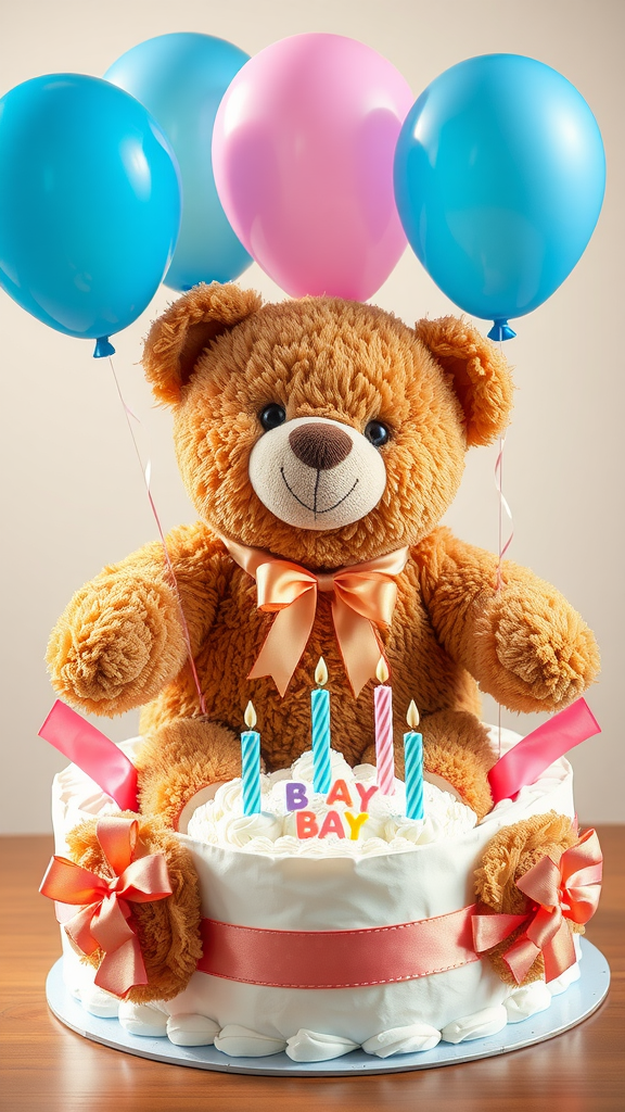 15 Adorable Teddy Bear Diaper Cake Ideas! A teddy bear sitting on a cake with balloons and candles, celebrating a birthday.