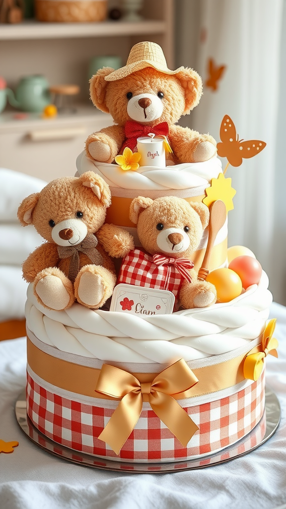 15 Creative Animal Diaper Cake Ideas A decorative diaper cake featuring teddy bear plush toys and colorful elements, perfect for a baby shower.