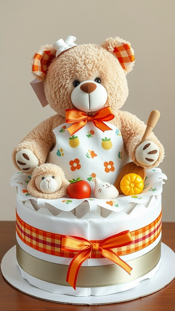 15 Adorable Teddy Bear Diaper Cake Ideas! A cute teddy bear in an apron with a diaper cake decorated with food-themed plush items.