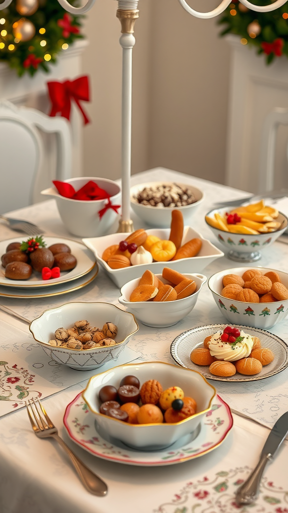 15 Spectacular Christmas Dining Table Decor Ideas to Celebrate the Season A festive Christmas dining table with assorted treats on themed serving dishes and platters.