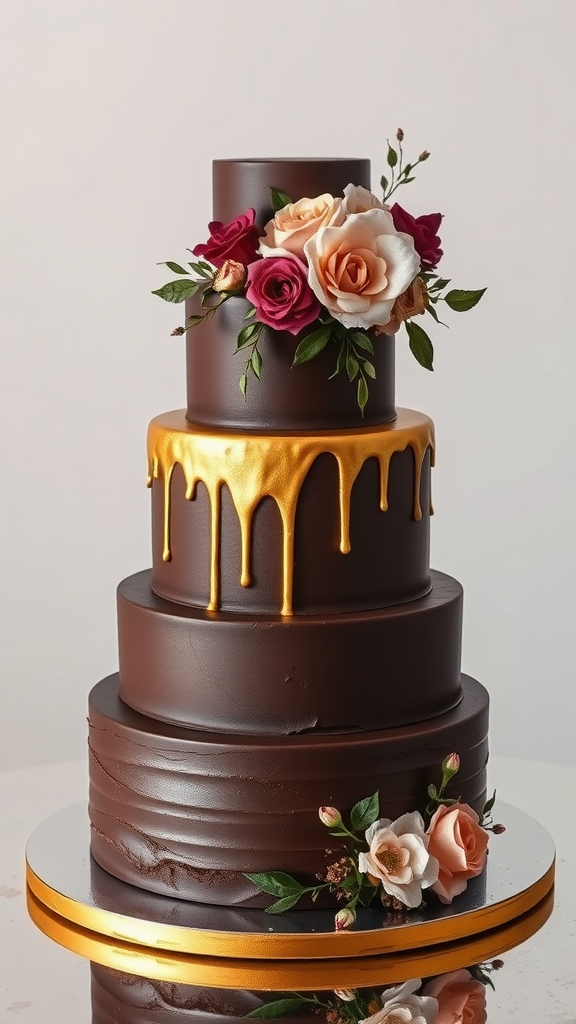 10 Elegant Wedding Cakes A beautifully decorated tiered chocolate cake with gold drip and floral accents
