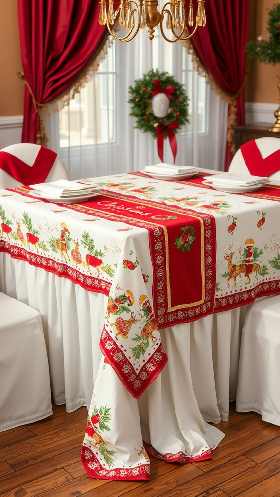 15 Spectacular Christmas Dining Table Decor Ideas to Celebrate the Season Traditional Christmas table linen with red and white design featuring reindeer and seasonal decorations.