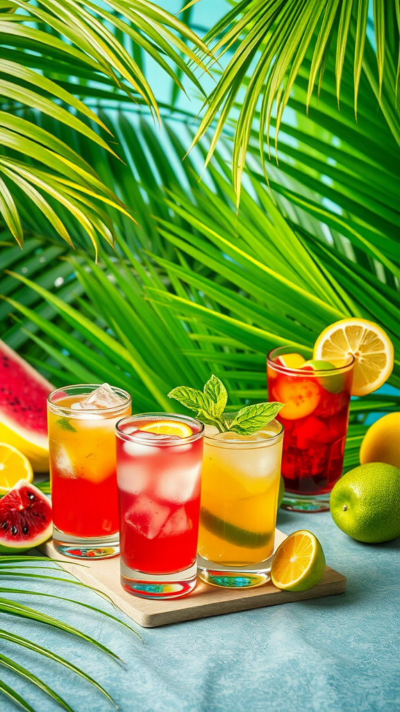 15 Creative Afternoon Tea Theme Ideas to Delight Your Guests Colorful drinks on a table surrounded by tropical leaves and fruits