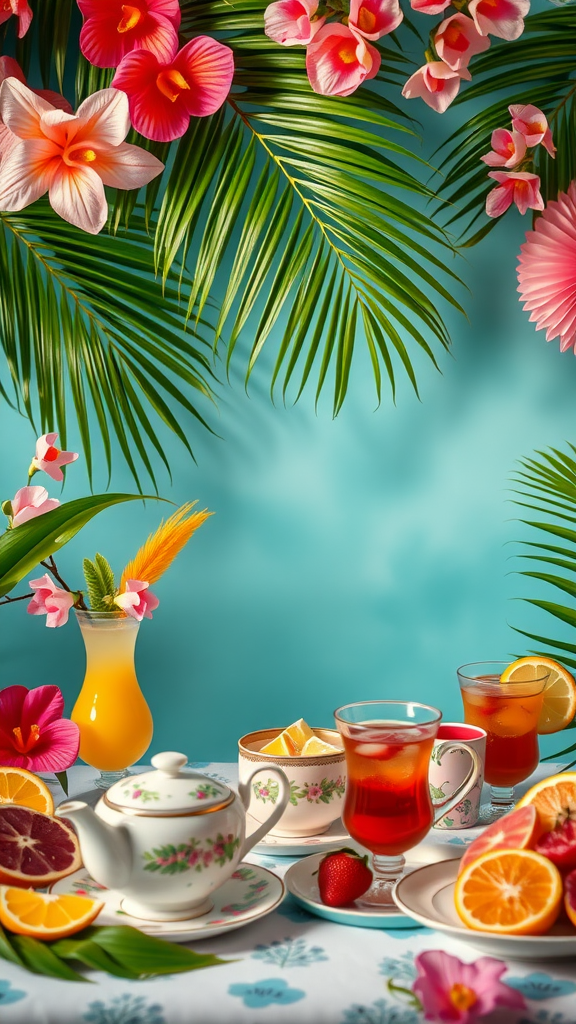 15 Elegant Mother's Day Tea Party Themes to Celebrate Mom A tropical tea setup featuring colorful flowers, a teapot, and refreshing drinks with fruit slices.