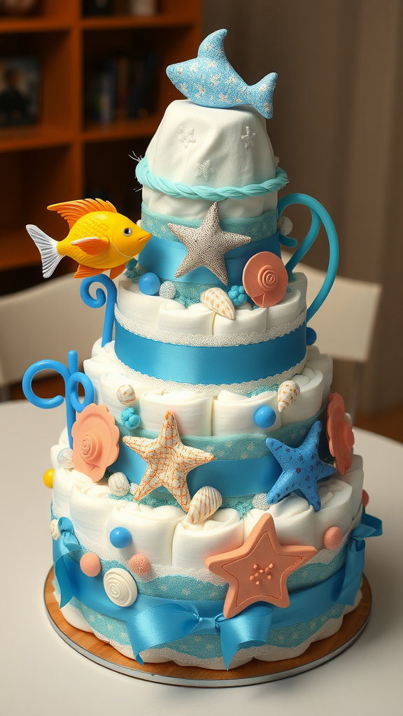 15 Creative Animal Diaper Cake Ideas A beautifully decorated Under the Sea baby cake with ocean-themed decorations including a fish and starfish.