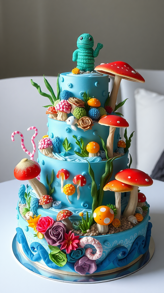 15 Adorable Mushroom Diaper Cake Ideas A vibrant diaper cake decorated with colorful mushrooms, flowers, and an underwater creature, showcasing an ocean-themed design.