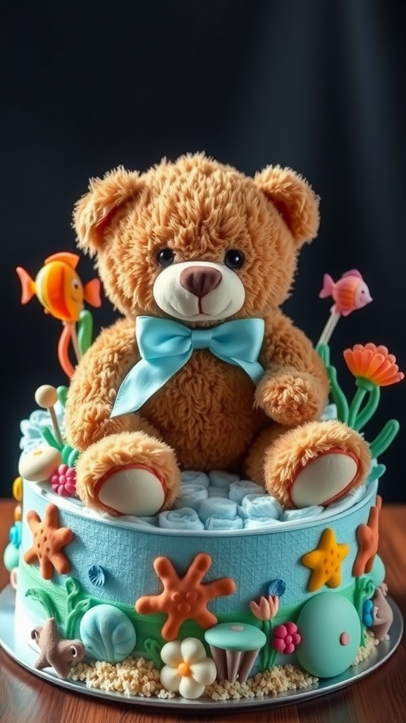 15 Adorable Teddy Bear Diaper Cake Ideas! A teddy bear on top of a colorful cake decorated with underwater themes.
