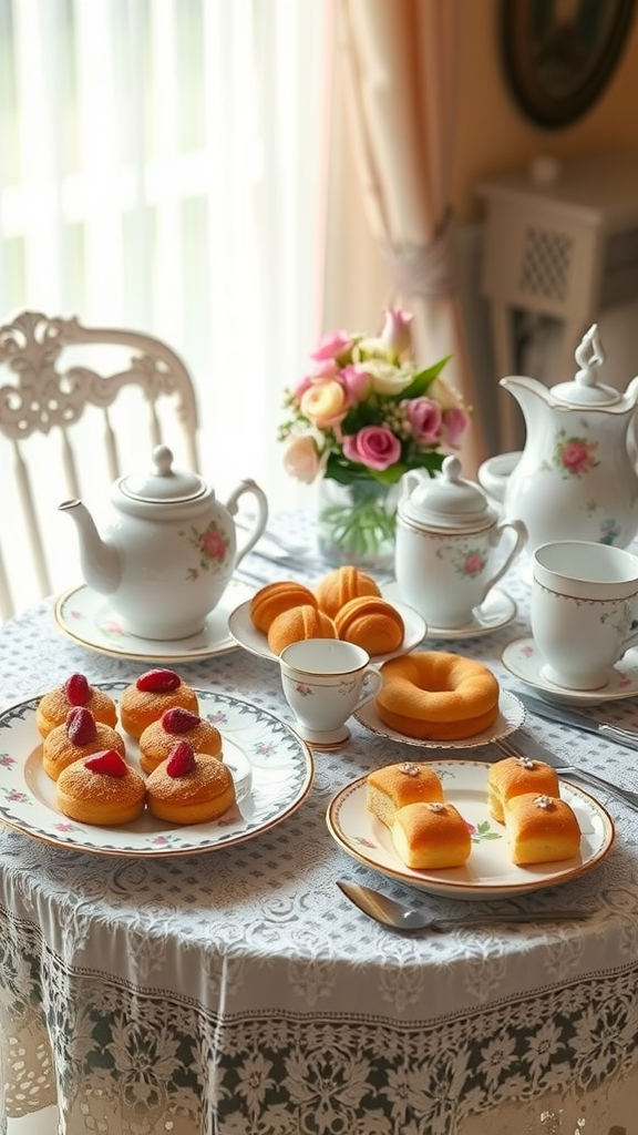 15 Creative Afternoon Tea Theme Ideas to Delight Your Guests A beautifully set table with a teapot, cups, and an assortment of pastries and flowers.