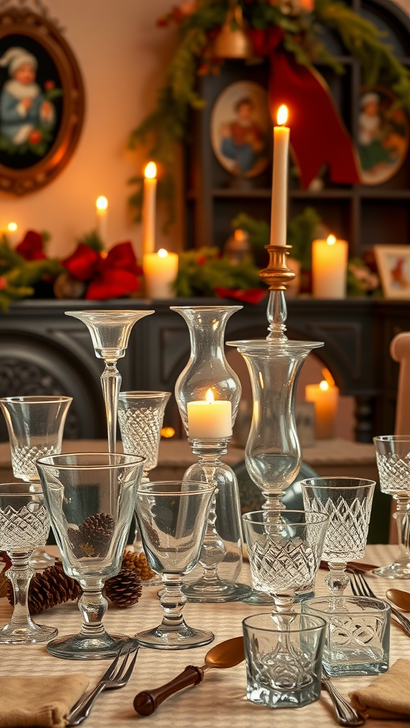 15 Spectacular Christmas Dining Table Decor Ideas to Celebrate the Season A beautifully arranged vintage glassware display with candles and pinecones for a festive dining setting.