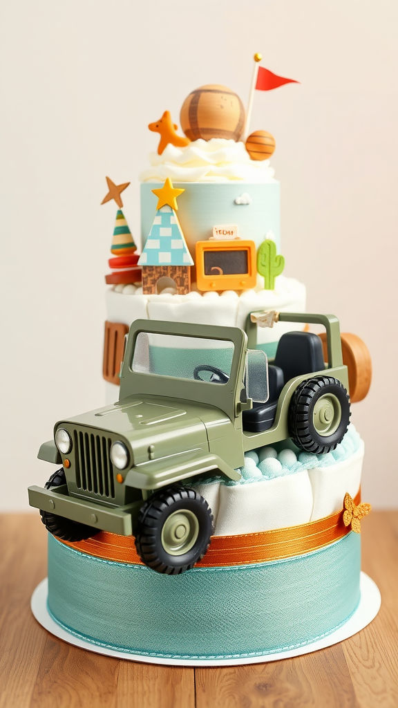 15 Creative Jeep-themed diaper cakes for Jeep Lovers A vintage jeep decorated diaper cake featuring playful decorations and a cheerful design.