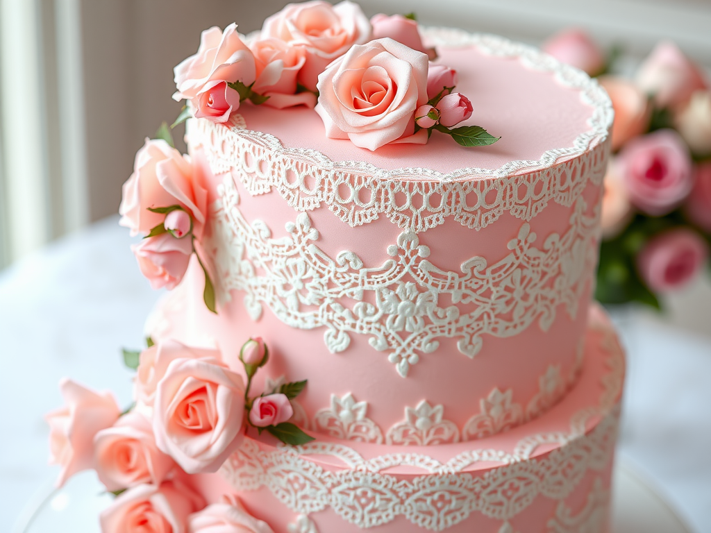 15 Stunning Pink Wedding Cake Ideas A two-tiered cake decorated with pink icing and white lace, adorned with pink roses.
