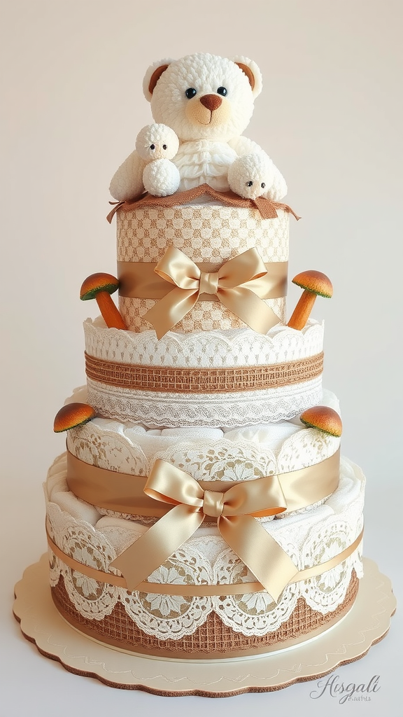15 Adorable Mushroom Diaper Cake Ideas A vintage mushroom and lace diaper cake featuring a teddy bear on top, adorned with lace and ribbons, and decorated with small mushrooms.