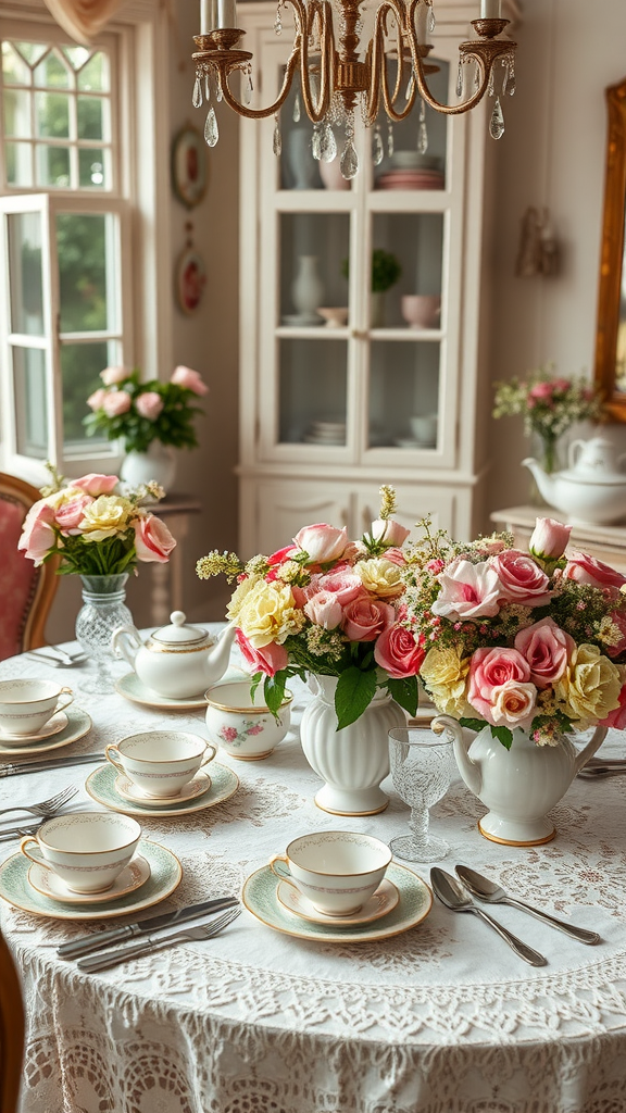 15 Elegant Mother's Day Tea Party Themes to Celebrate Mom A beautifully arranged vintage tea party table with floral centerpieces and delicate china.