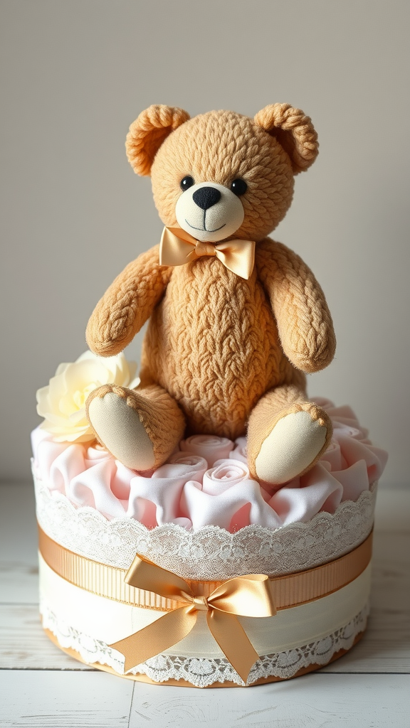 15 Adorable Teddy Bear Diaper Cake Ideas! A vintage teddy bear on a pastel diaper cake with roses and lace detailing.