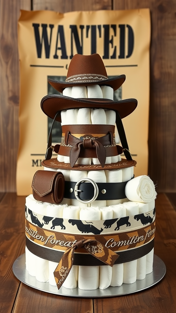 15 Creative Cowboy Themed Diaper Cake Ideas A tiered diaper cake designed with a cowboy theme, featuring hats and belts, with a wanted poster in the background.