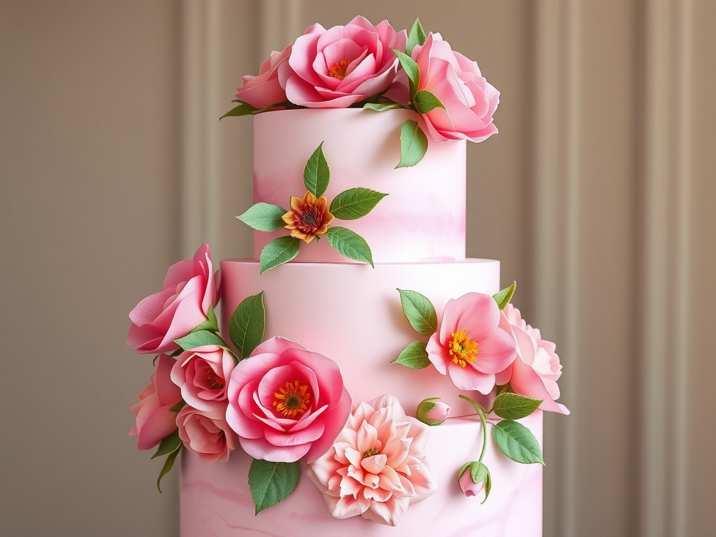 15 Stunning Pink Wedding Cake Ideas A beautiful three-tier cake decorated with pink watercolor flowers and green leaves.