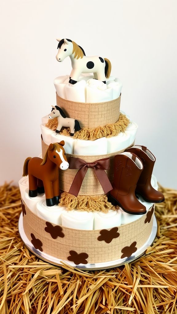 15 Creative Cowboy Themed Diaper Cake Ideas A three-tiered diaper cake decorated with toy horses and cowboy boots, set on a bed of straw.