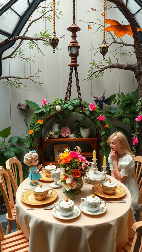 15 Elegant Mother's Day Tea Party Themes to Celebrate Mom A whimsical tea party setup with a beautifully arranged table, delicate china cups, vibrant flowers, and a doll, creating a fairy tale atmosphere.