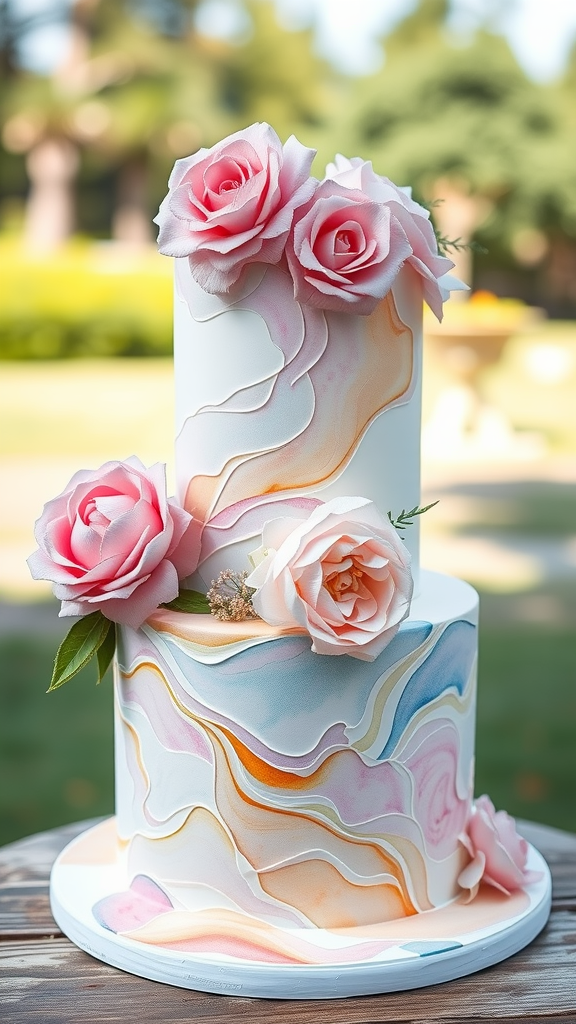 10 Elegant Wedding Cakes A whimsical watercolor cake with two tiers, adorned with pink roses and soft swirls of color.
