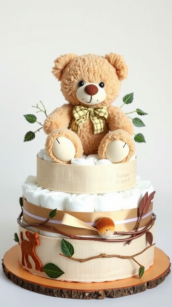 15 Adorable Teddy Bear Diaper Cake Ideas! A whimsical diaper cake featuring a teddy bear and natural decorations.