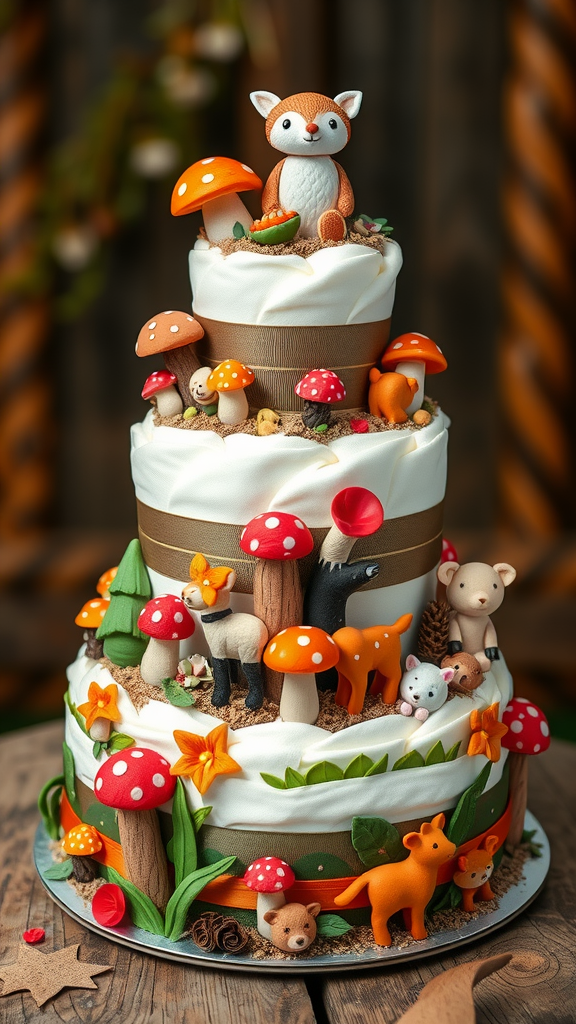 15 Adorable Mushroom Diaper Cake Ideas A whimsical woodland diaper cake decorated with mushrooms, animals, and nature elements.