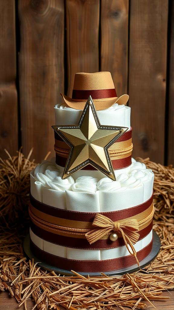 15 Creative Cowboy Themed Diaper Cake Ideas A decorative diaper cake themed with a cowboy star and hat atop, set against a rustic wooden background.