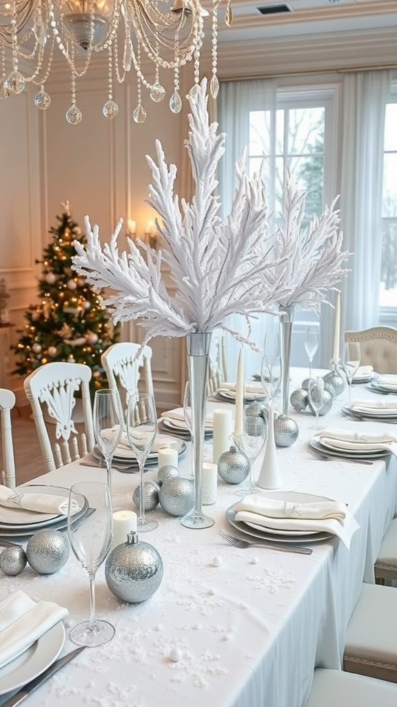 15 Spectacular Christmas Dining Table Decor Ideas to Celebrate the Season A beautifully decorated dining table for Christmas with white and silver decor, featuring a frosted centerpiece and candles.
