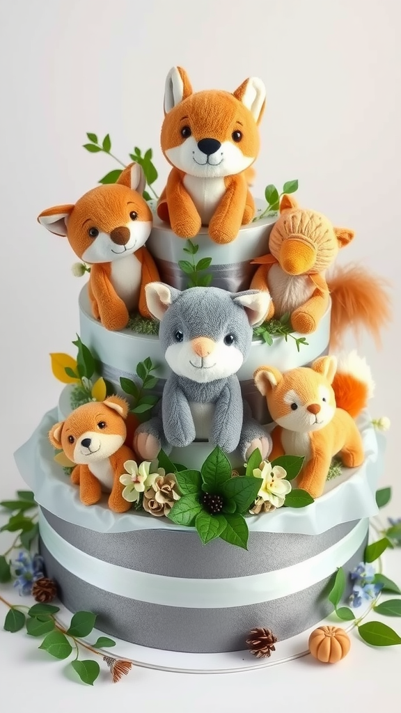 15 Creative Animal Diaper Cake Ideas A cute animal diaper cake featuring plush woodland creatures and decorative elements.